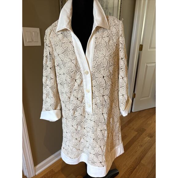 Tuckernuck Tan Crochet Collier Dress Size L 3/4 sleeve collzr buttons cuff New - Picture 1 of 12